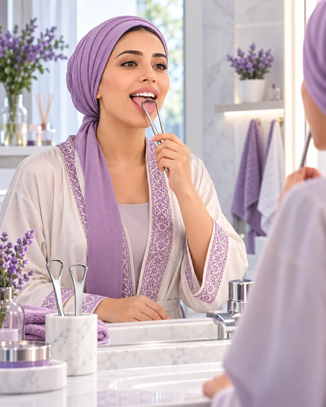 سيدة تستخدم كاشط اللسان